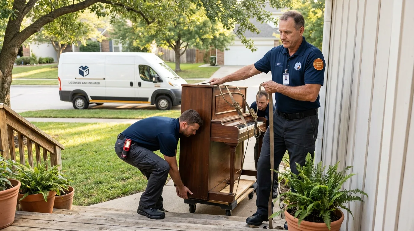 Licensed piano movers securing grand piano in Landis, NC