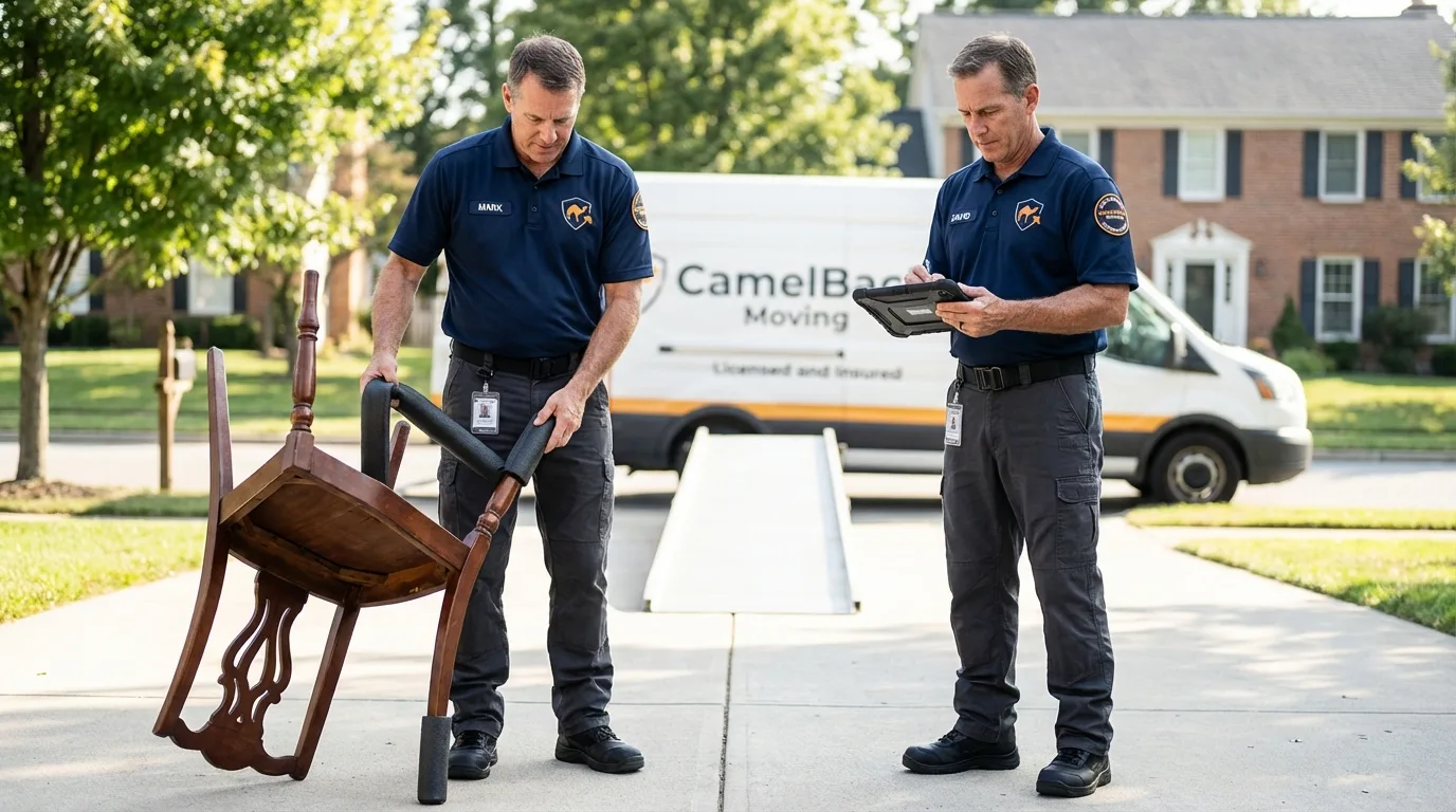Movers inspecting furniture for damage prevention before loading in Landis, NC