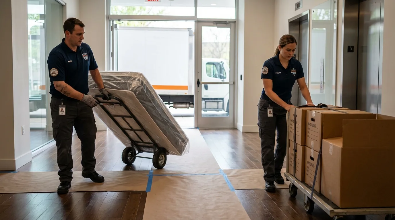 Professional apartment movers loading elevator in Landis, NC